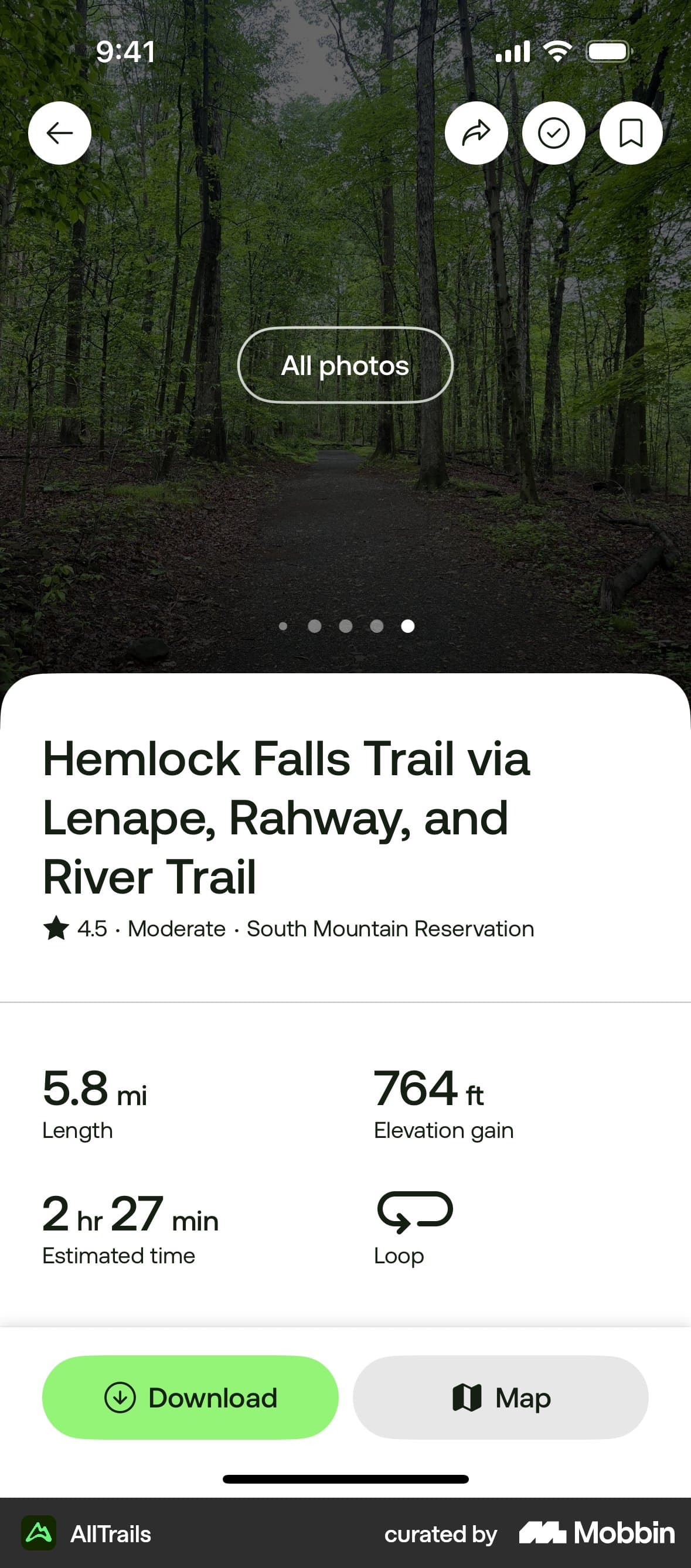 AllTrails overview of Hemlock Falls Trail with a forest photograph and route information.