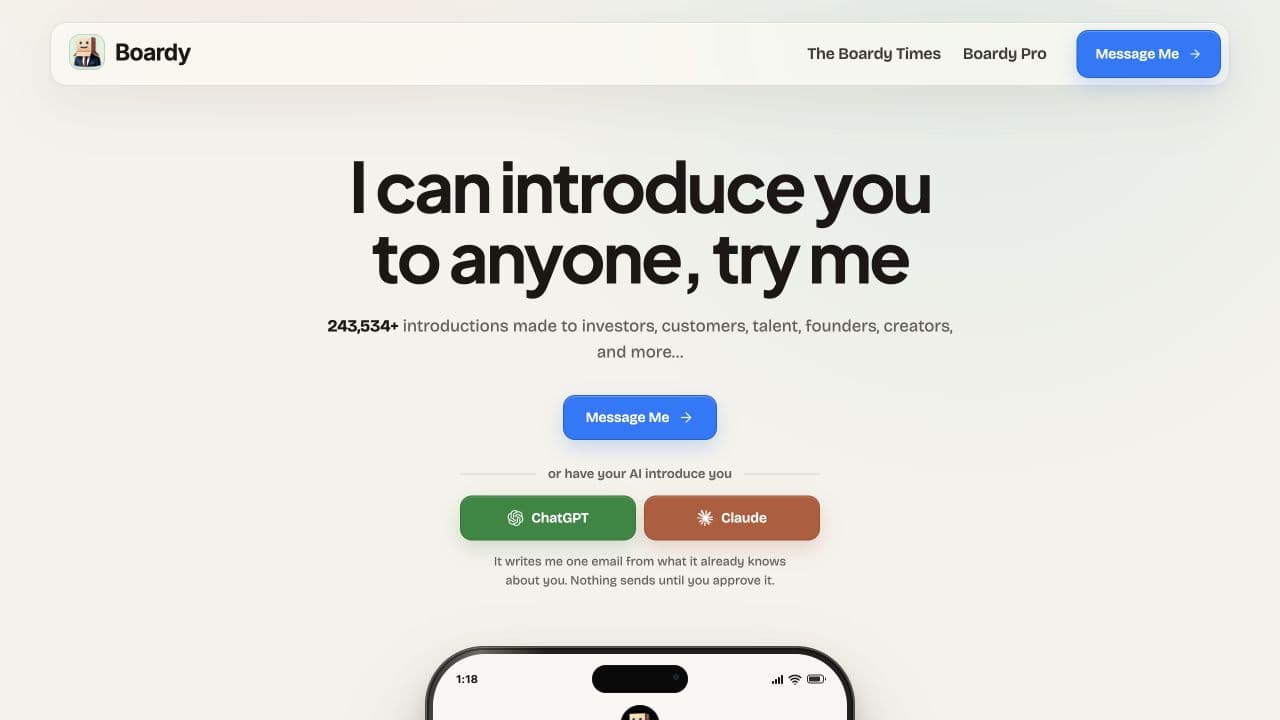 Boardy public homepage with its introduction offer and contact options.