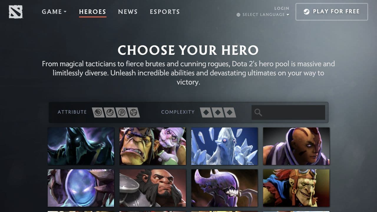 Valve’s Dota 2 hero gallery with attribute filters and hero portraits.
