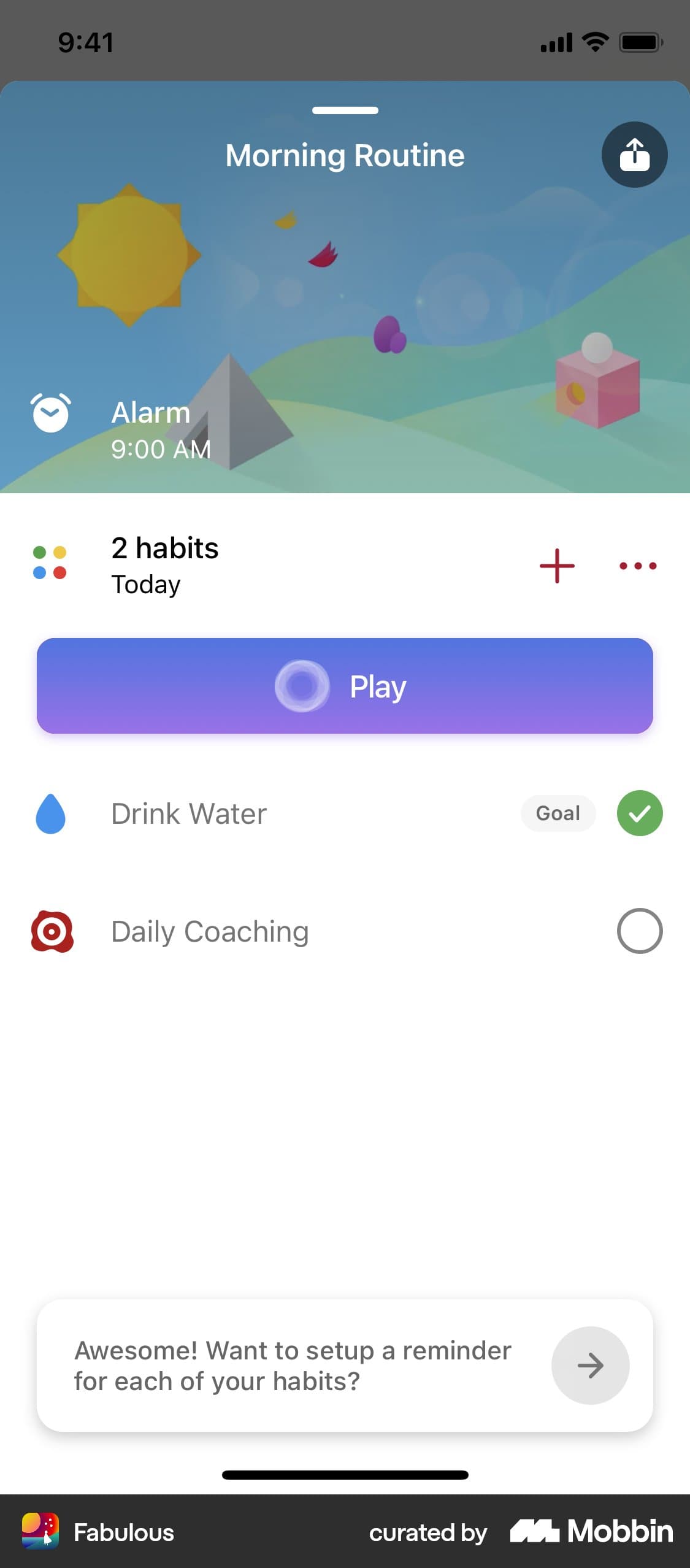Fabulous morning routine showing two habits, completion circles, and a Play button.